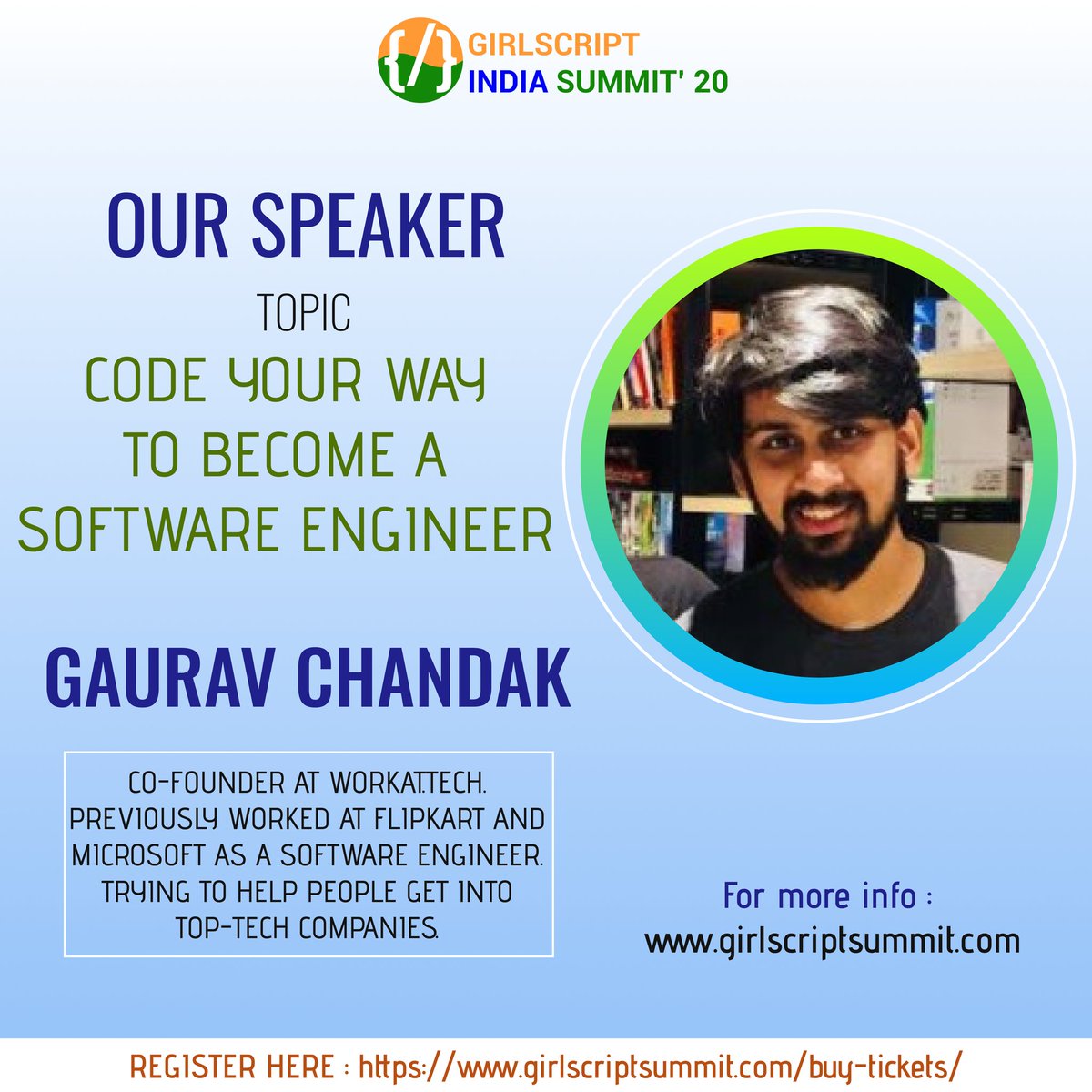 Join this amazing webinar at @gssummit2020  by Mr. Gaurav Chandak Sir ( <a href="/gc_nit/">Gaurav Chandak</a> ) 🎙️👨‍💻

He is the Co-founder at Workat.tech , also he has previously worked at Flipkart and Microsoft.

🎟️ Register now for <a href="/Girlscript1/">GS Labs (by GirlScript Foundation)</a> India Summit: girlscriptsummit.com

#girlscript