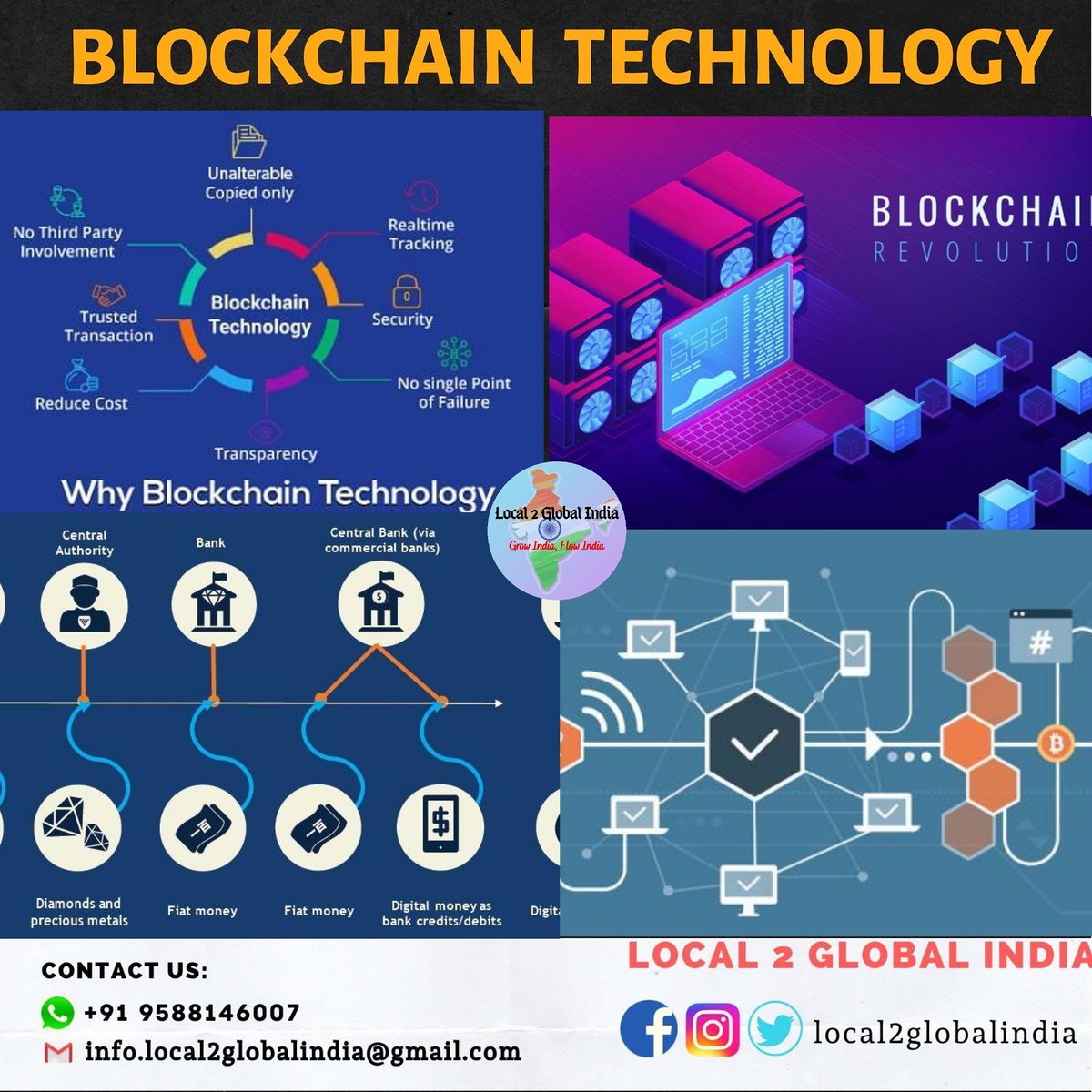 Local2GlobalInd's tweet photo. Blockchain technology is  referred to as Distributed Ledger Technology that makes the history of any digital asset transparent and unalterable through the use of decentralization and cryptographic hashing.
#local2globalindia
.
#blockchain #technology #trending  #cybersecurity https://t.co/VKUOVIG8cv