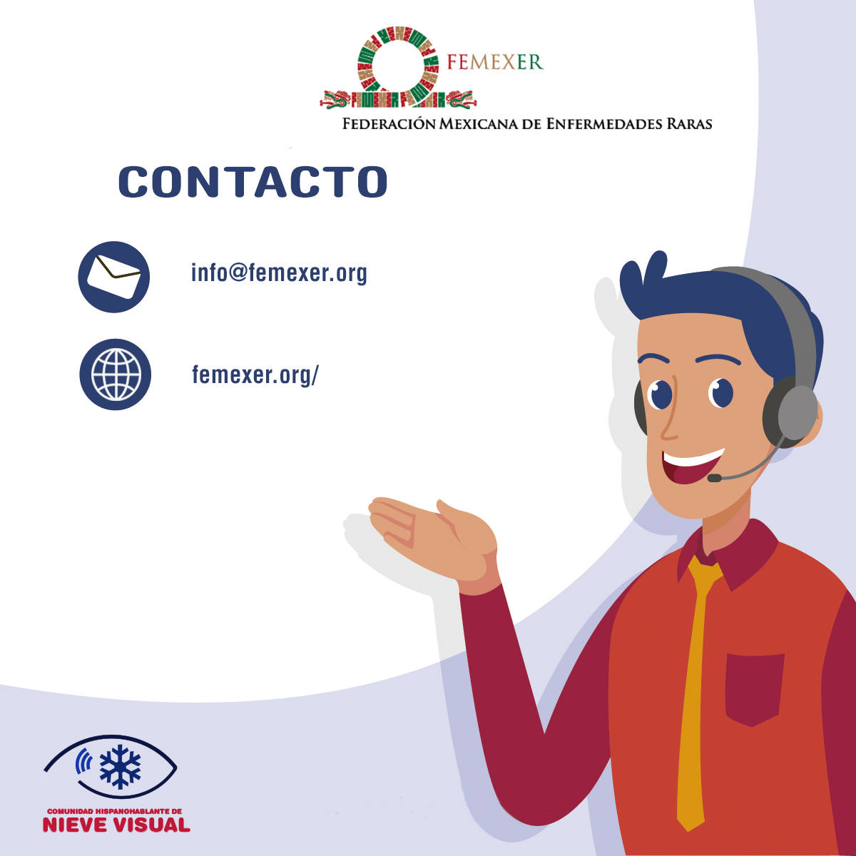 NieveVisual's tweet photo. ¿Eres de México y tienes dudas sobre el Síndrome de #NieveVisual? 🤔
👉🏻 Ponte en contacto con FEMEXER, ellos podrán ayudarte. https://t.co/Z4KZImiIOX