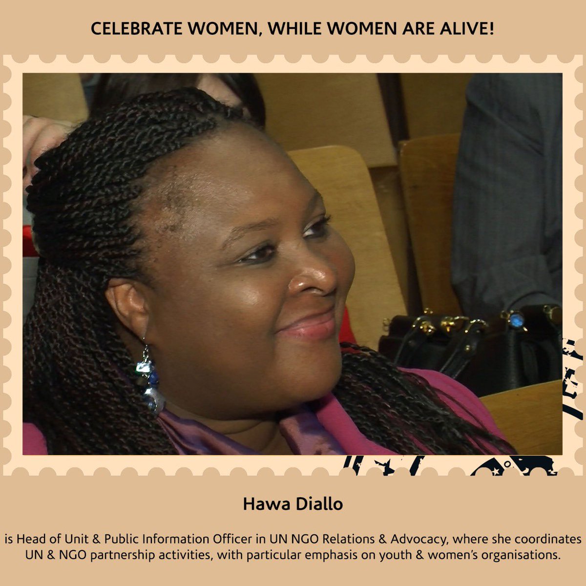 NelsonMandela's tweet photo. Hawa Diallo serves as Head of Unit and Public Information Officer in the United Nations NGO Relations and Advocacy, where she coordinates UN and NGO partnership activities, with a particular emphasis on youth and women’s organisations. #WomensMonth #WhileWomenAreAlive https://t.co/a38E3n1xEX