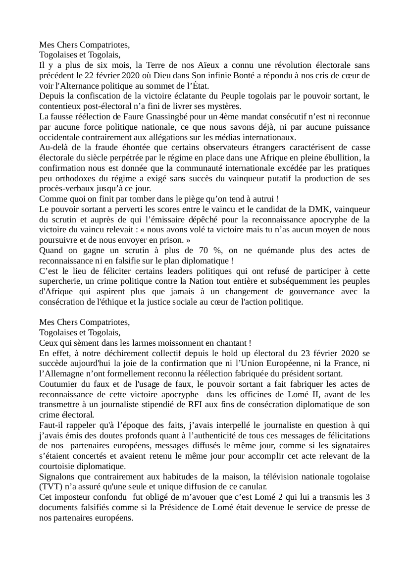 DucastaingAlex's tweet photo. ADRESSE À LA NATION DU PRÉSIDENT DÉMOCRATIQUEMENT ÉLU DU #TOGO, SE DR GABRIEL #AGBEYOMÉ #MESSAN #KODJO https://t.co/KKuTBmQ3nT