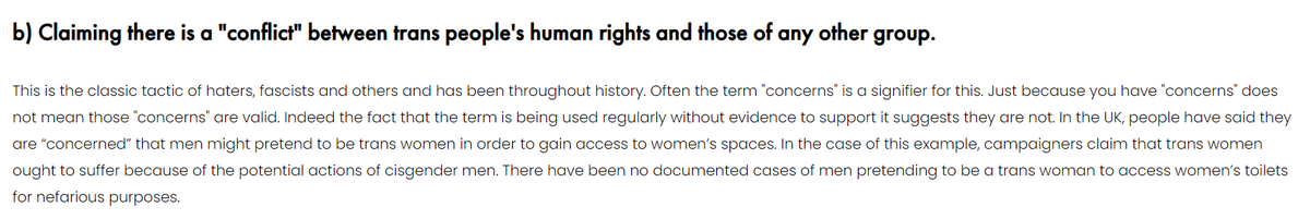 Campaign group TransActual's definition of transphobia includes "Claiming there is a "conflict" between trans people's human rights and those of any other group". https://www.transactual.org.uk/transphobia 