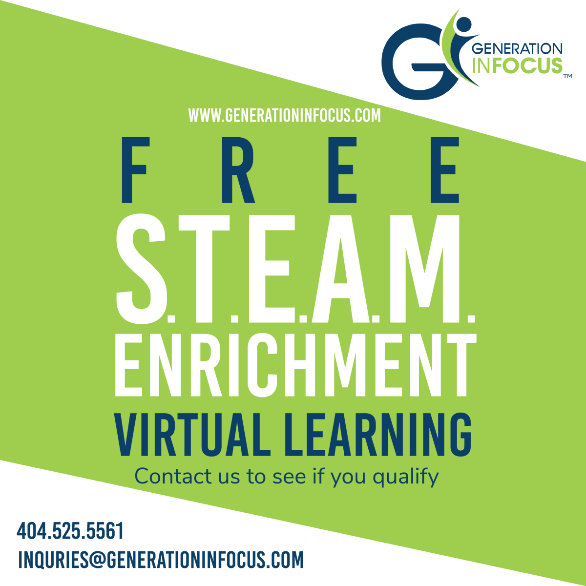 Contact us at inquiries@generationinfocus.com to see if you qualify for FREE S.T.E.A.M. enrichment virtual learning!

#makers #STEM #STEAM #mask #virtuallearning #freeclasses #school #childcare