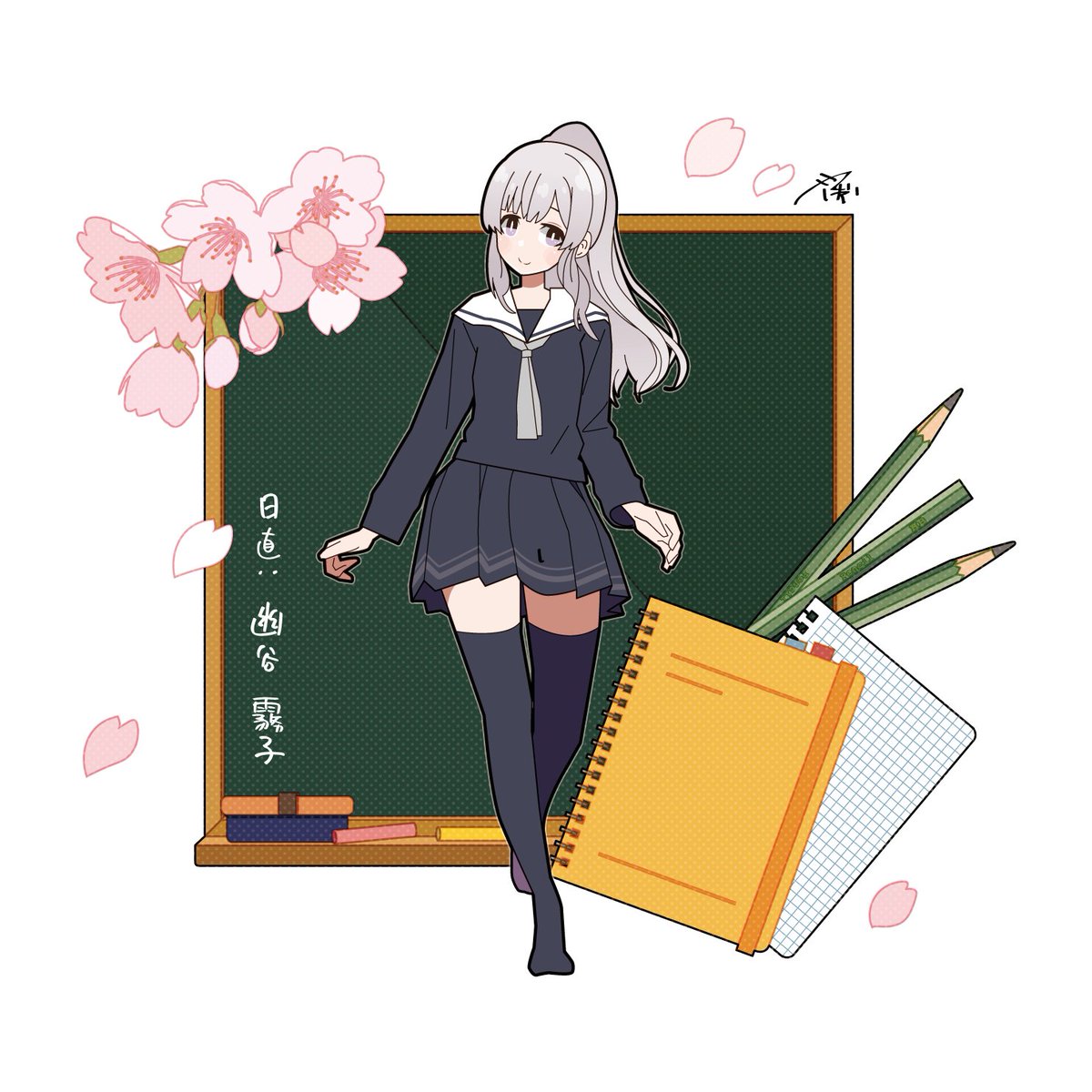 1girl solo school uniform thighhighs skirt grey hair long hair  illustration images