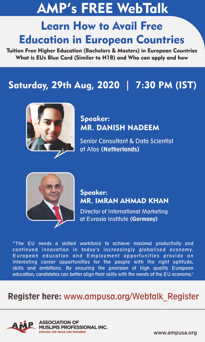 Dear All,

This is a GENTLE REMINDER for the AMP Webtalk on Learn How to Avail Free Education in European Countries

WHEN: Today, 29th Aug 2020
TIME: 7:30PM (IST)

This topic is trending, so plz join in time through the link you received in ur email &amp; secure ur seat.

Thank you!