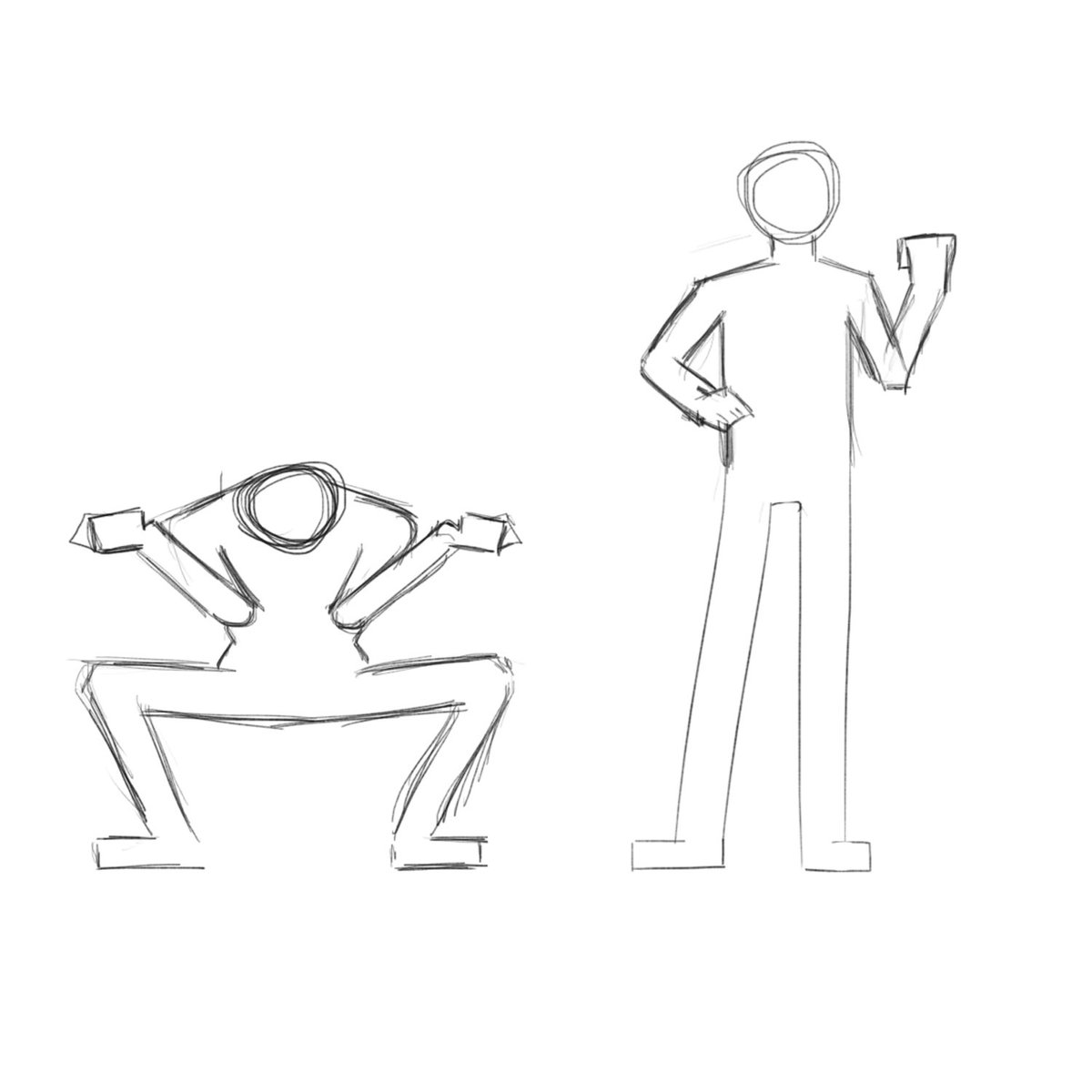 多くの人が、身体の描き方に悩んでいる人が多いと思いますけど、

そんな時はいっそのこと棒人間で描いてみるのをお勧めします！

このように筋肉の抑揚や線を意識しなくても、太い棒として描いてあげると、

無駄な線や情報をカットできるので、

ここに肉付けしていく感覚がおすすめです👍