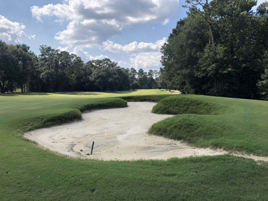 lipouts's tweet photo. A few more photos from the full course bunker renovation at @Theoaksgolfclub on the @MSGolfCoast, this time a fairway and greenside bunker on the 18th hole before and after re-shaping. Note sharp vertical faces, erosion, &amp; shrinkage “before.” Can’t wait until it’s all complete! https://t.co/EcYrgj29Zp