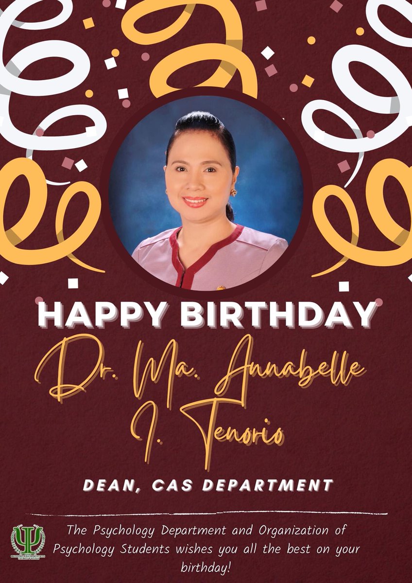 UB_OPS's tweet photo. Happy Birthday to the ever dynamic and supportive Dean of the College of Arts and Sciences, Dr. Ma. Annabelle I. Tenorio. May you have many birthdays and blessings to come. Greetings from your Psychology Department Family. 💚🥳🎂🎁🎉🎊🎈
#UBOPS. #PsychPower. #OPStoppable. https://t.co/219lDJUBD1