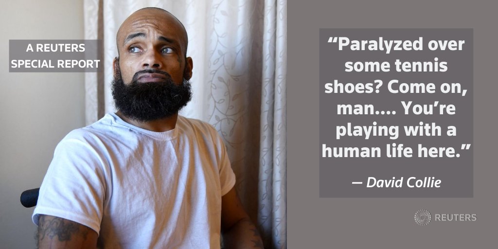 Reuters's tweet photo. David Collie was paralyzed after he was gunned down by Texas police investigating a crime he didn’t commit. The cop was protected by qualified immunity, a legal doctrine now under fire. @Reuters finds wide regional disparities in whether judges grant it https://t.co/uWEzYzA1S7 https://t.co/3XHIhKEGBV