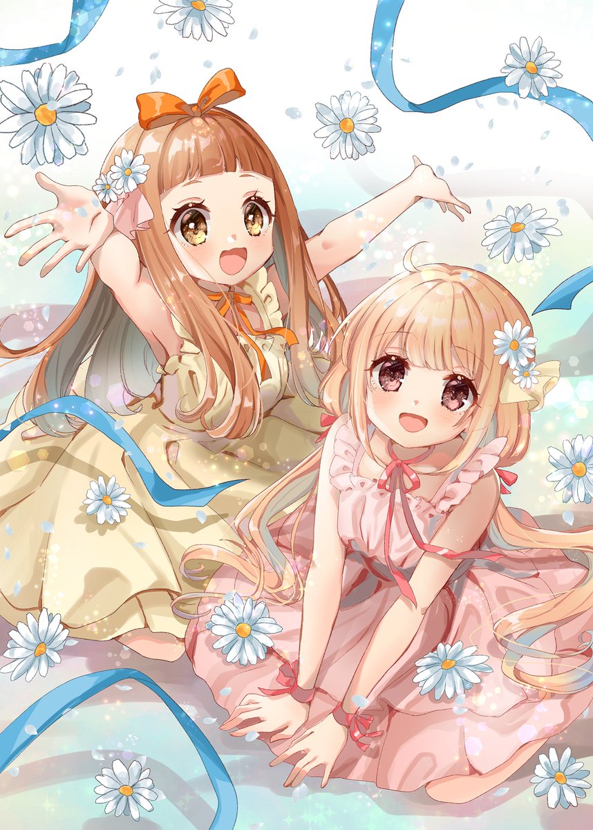 futaba anzu ,ichihara nina multiple girls 2girls flower ribbon dress long hair smile  illustration images