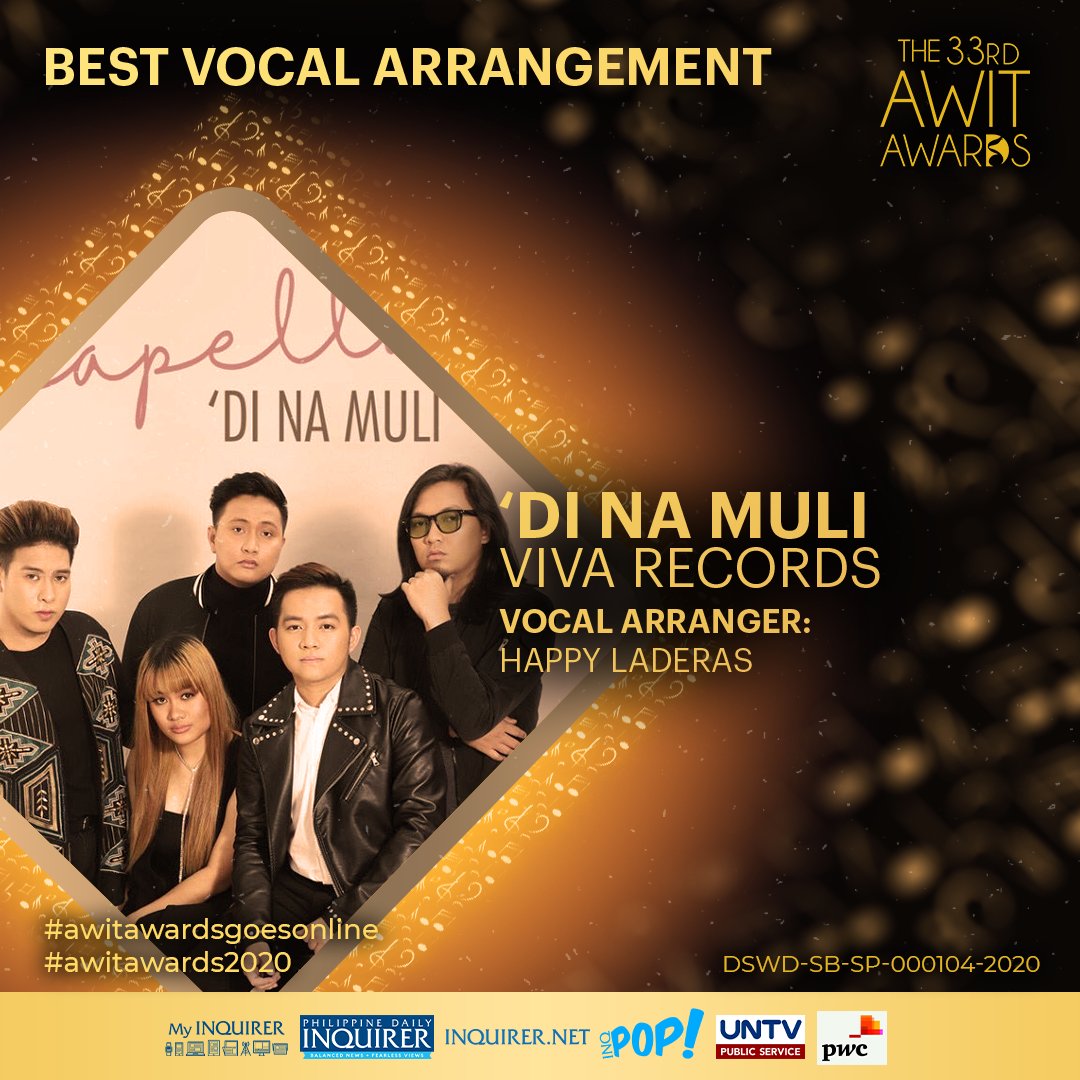 Internationally renowned vocal group Acapellago wins Best Vocal Arrangement  with an amazing cover version of the hit song ‘Di Na Muli under Viva Records. 

Support the Awit Fund and Donate:
donation.ph/awit-fund

DSWD-SB-SP000104-2020

#awitawards2020 #awitgoesonline