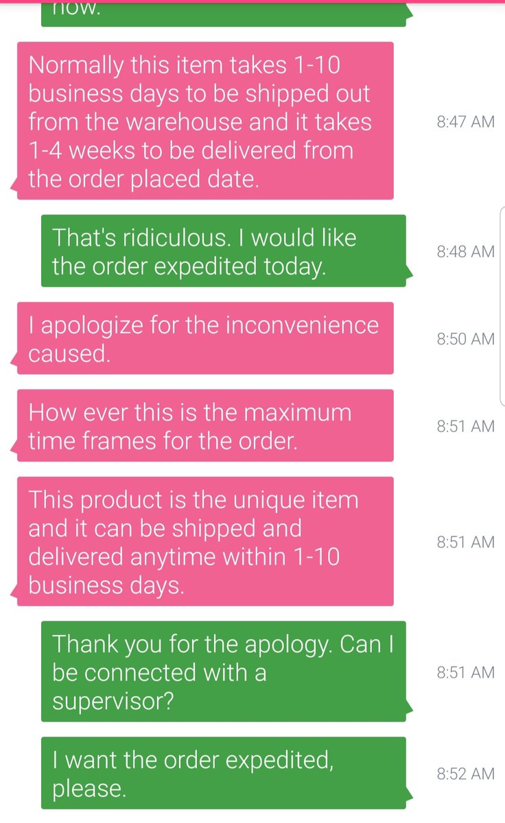 PrettyGirlCEO's tweet photo. @Overstock Help.Ordered an item 1.5 wks ago, status still processing. Called 3 days after order, told to wait-it's processing.Text msg w/customer service today, told it the same, 1-10 days to ship to facility &amp; 1-4 wks delivery. Website: Projected 9/1 date? Super disappointed. https://t.co/pTENH8DAAX
