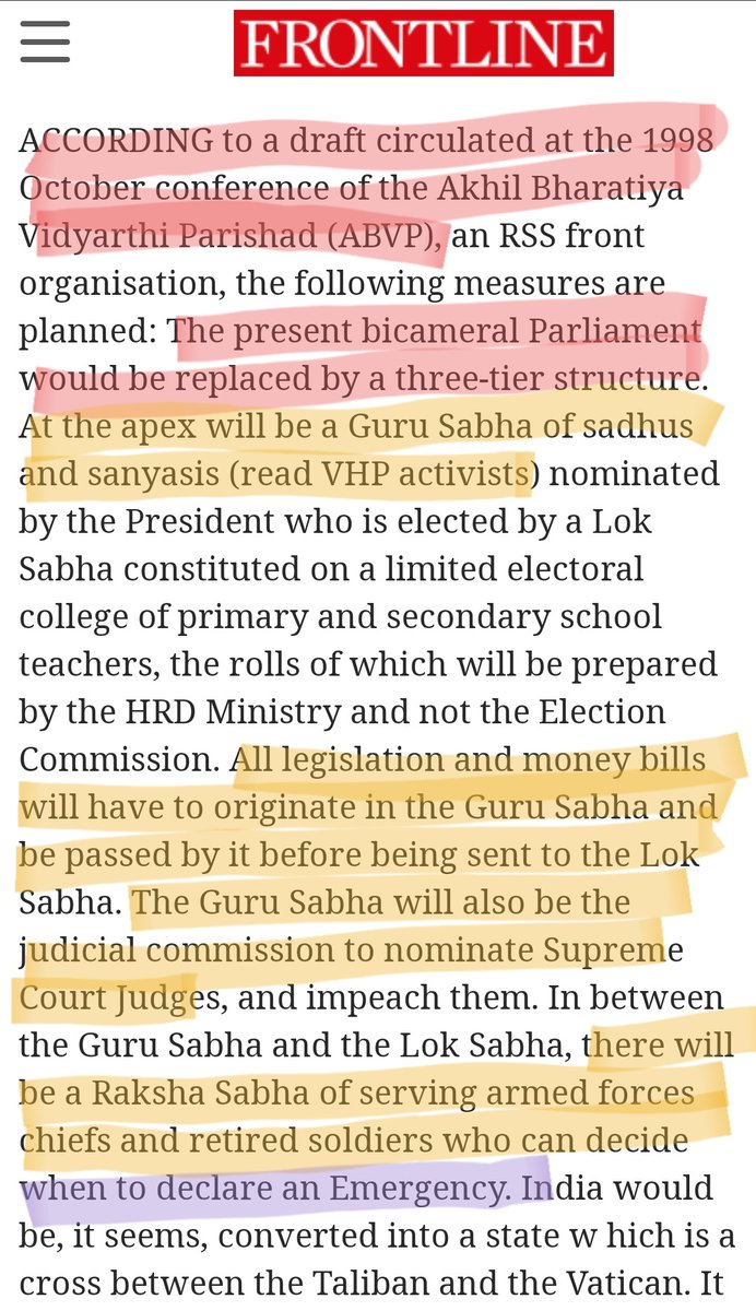 As per Swamy, RSS had planned to replace Parliament with, 𝐆𝐮𝐫𝐮 𝐒𝐚𝐛𝐡𝐚 of 'sadhus & sanyasis (read VHP activists)',𝐋𝐨𝐤 𝐒𝐚𝐛𝐡𝐚 of 'school teachers',𝐑𝐚𝐤𝐬𝐡𝐚 𝐒𝐚𝐛𝐡𝐚 of serving/retd soldiers 'who can decide when to declare Emergency'.Told ya, potent stuff.