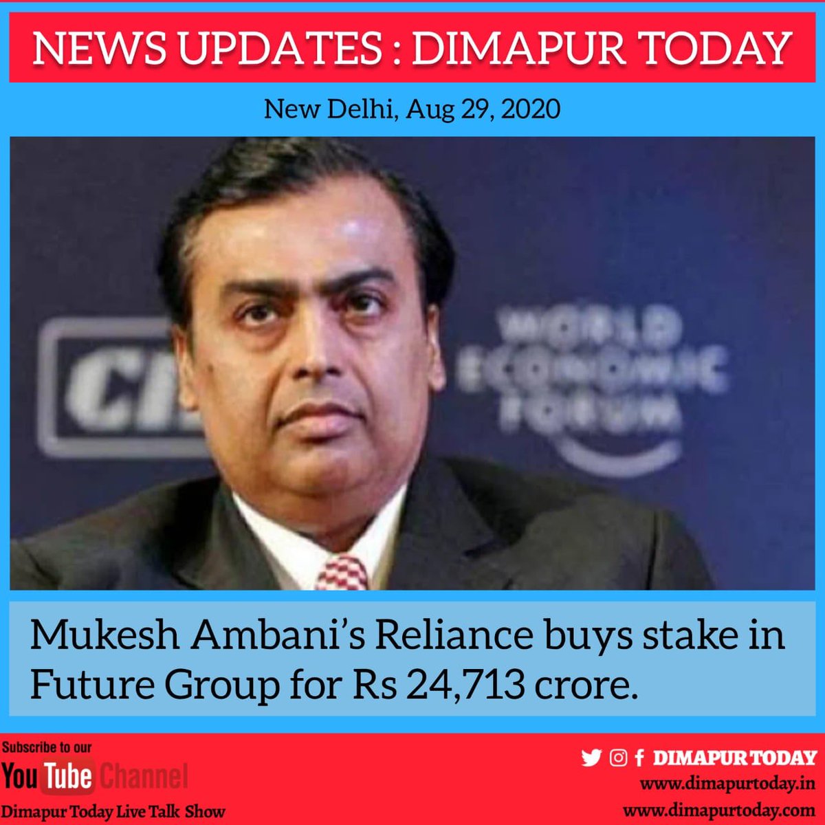 dimapurtoday's tweet image. Billionaire Mukesh Ambani’s Reliance Industries Ltd on Saturday announced the acquisition of Future Group businesses for Rs 24,713 crore to add to its fast expanding retail business.

Source : The Indian express
#Latest_update #DimapurToday