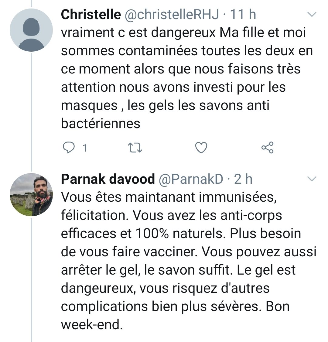 Il répond à cette personne qui s'exprime sur son désarroi face à sa contamination et celle de sa fille, un moment douloureux étant donné la situation. Il va tenter de "l'apaiser" en lui expliquant que maintenant elles sont immunisés, qu'elles peuvent arrêter le gel Hydro...