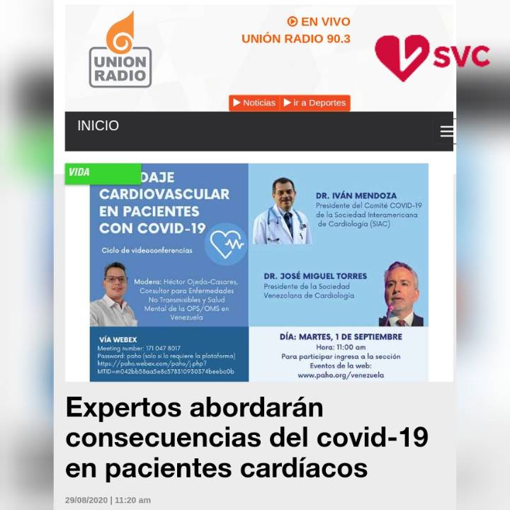 CardiologiaSVC's tweet photo. #SVCInforma | Expertos abordarán consecuencias del covid-19 en pacientes cardíacos. Entérese más >> https://t.co/q9jWWpX1Qm #SVC #UnionRadio #Cardiología @mencardio @torresviera @Lguevaramath https://t.co/9YEuxGhkTb