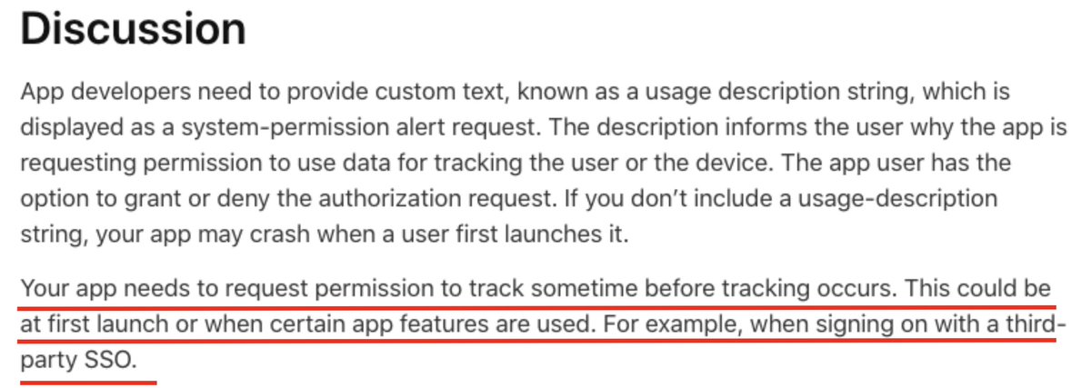 10/ But that's not what this line means. FB has abandoned the IDFA: what this sentence means is that SSO is the only way of indexing events for *opt in* users. SSO absolutely requires opt in: Apple makes that very clear in the SKAdNetwork documentation