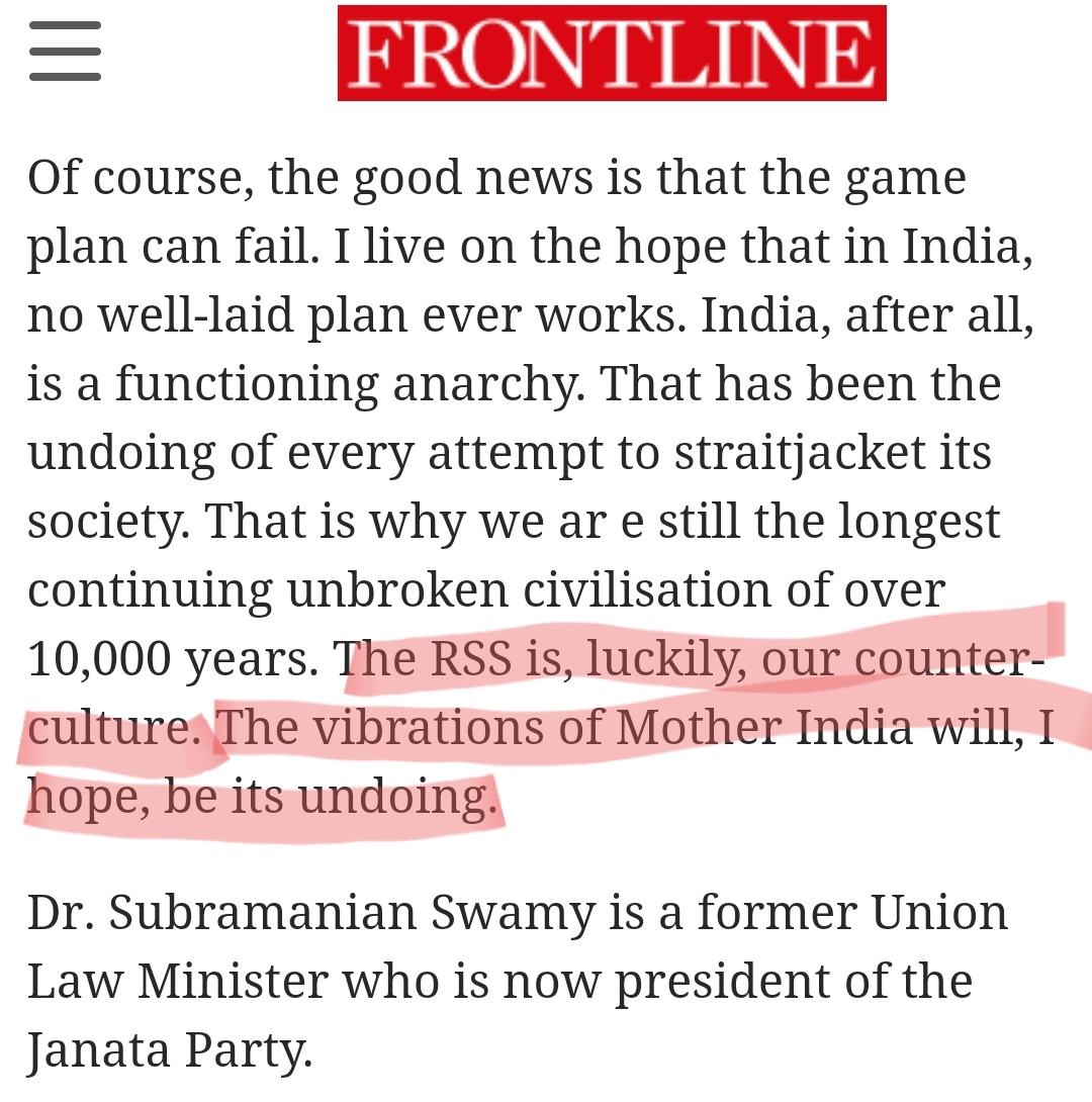 Swamy on RSS plan (2000): 'India would be, it seems, converted into a state which is a cross between the Taliban and the Vatican.'RSS is 'our counter-culture. The vibrations of Mother India will, I hope, be its undoing.'Has Swamy cozied up with RSS to bring about its 'undoing'?