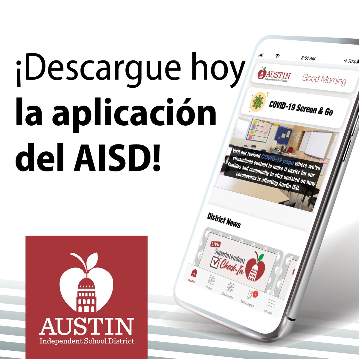 Get the AISD app today! Download it from your mobile app store for free and start receiving message notifications, use the COVID-19 self-screening and quickly access many useful AISD links. Read more about the app at austinisd.org/announcements/…
<a href="/aisdparents/">AustinISD Parent Engagement Support Office</a>