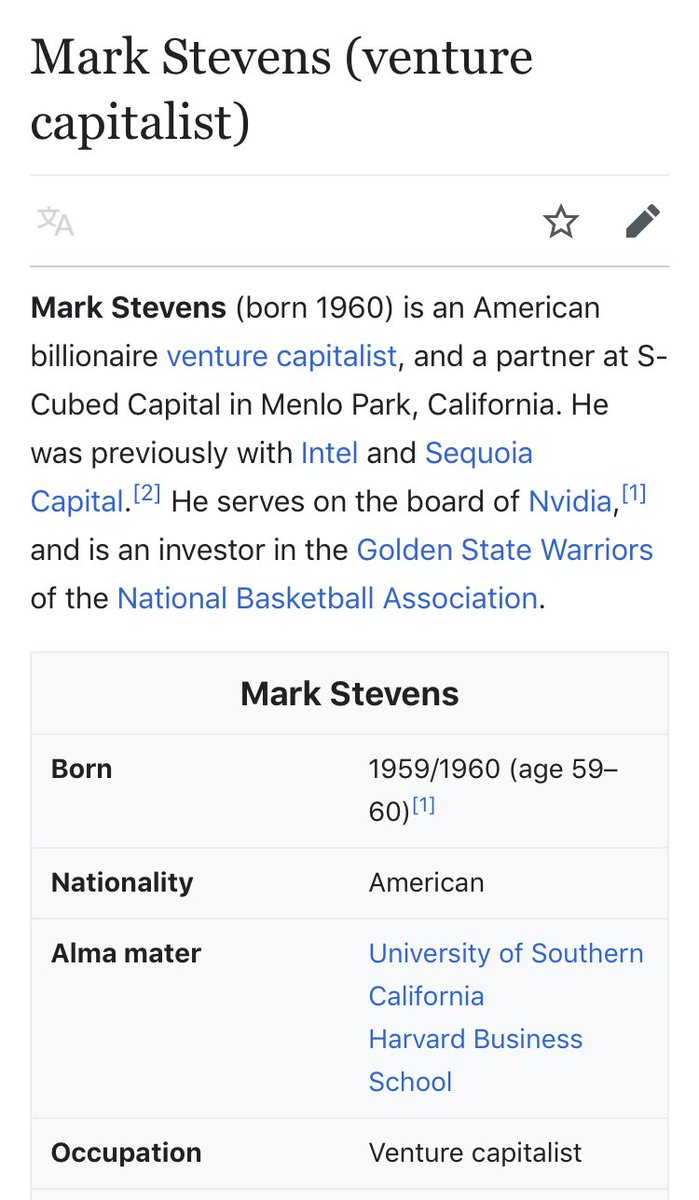 118/ MARK STEVENSVenture Cap.Intel & Harvard (seen that a lot)Warriors addressR donor only - Mittens & Bushes (pure swamp)Shoved a basketball player Don’t know much more