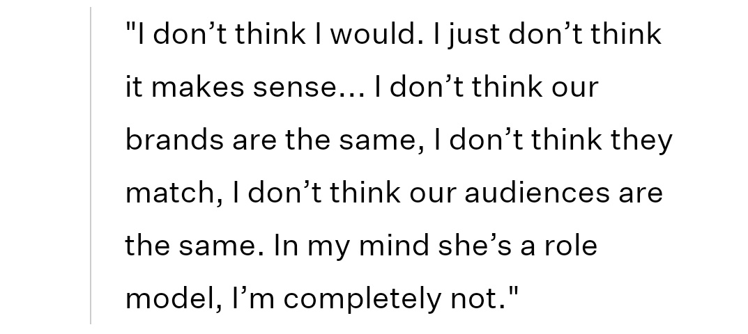 In an interview with NME (September, 2015), Rihanna said she didn't want to be in Taylor's squad but also said that Taylor was a role model