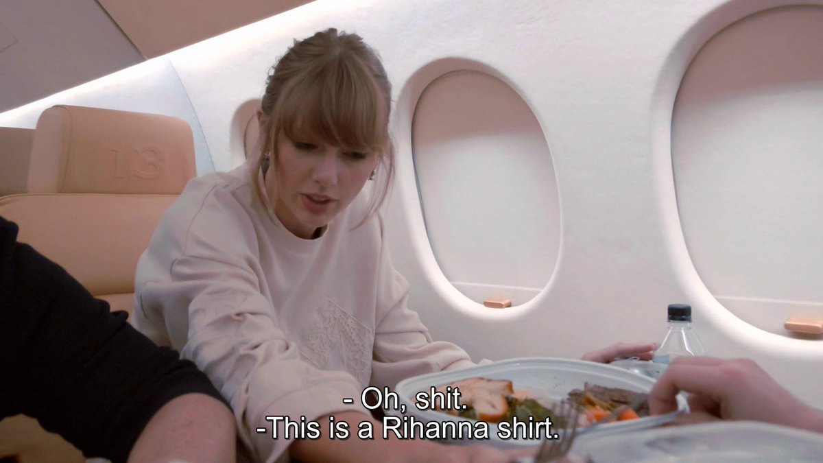 2020. This iconic moment In Taylor's Documentary, Miss Americana. Taylor was eating, and she didn't want to ruin her Rihanna shirt
