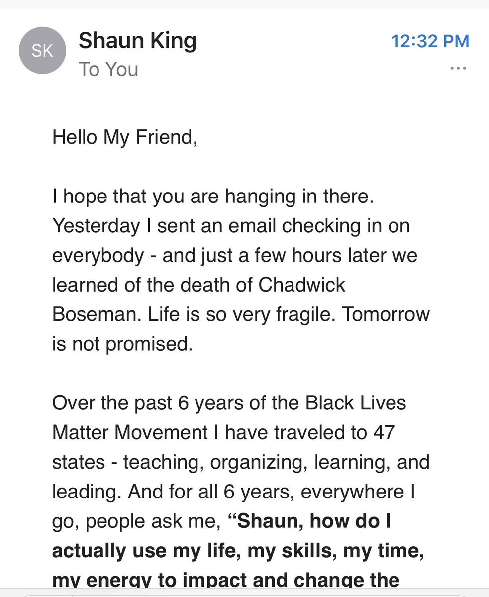 Shaun:“I emailed y’all yesterday to check on you , and right after that we learned Chadwick Boseman died. Life is SO CRAZY... That’s why you should by my book.”