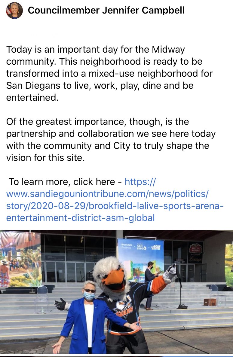 .<a href="/CMJenCampbell/">Councilmember Jennifer Campbell</a> has advocated since day 1 to improve Midway District. Green space, transit, improved roads, less blight. Today’s announcement is one of many big steps towards a new vision not only for Midway but for San Diego! 💯