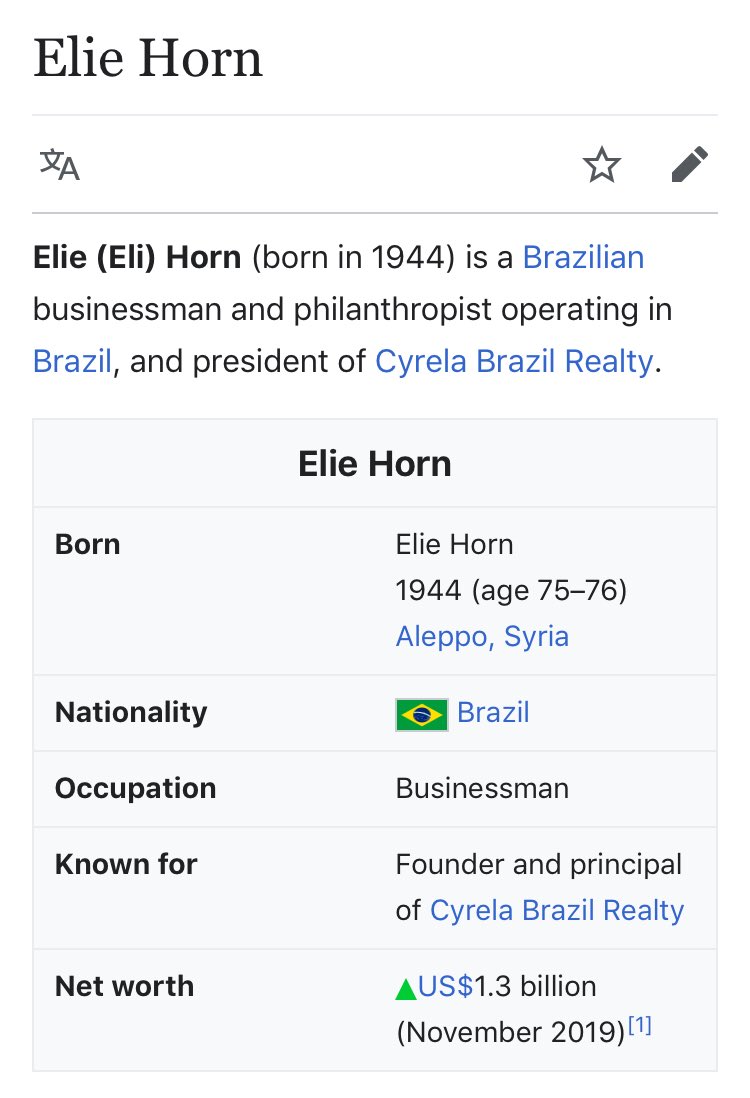 119/ ELIE HORN (aka Eli)Syria-born Jewish Brazilian Real Estate mogul; no longer a billionaire since Brazilian economy tanked in 2015Nothing really popping out - there’s a journalist called “Eli Horn” which complicates digging