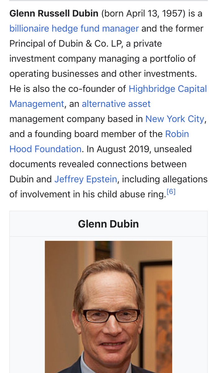 115/ GLENN DUBINHedge FundsUnsealed documents w testimony by the incredible V Giuffre showed DUBIN to be 1 of the people [JE] & [GM] forced upon herHouse Manager also said a 15 yo Swedish nanny was also targeted$800k donated toBOHRCSchumerMittensHe’s still free