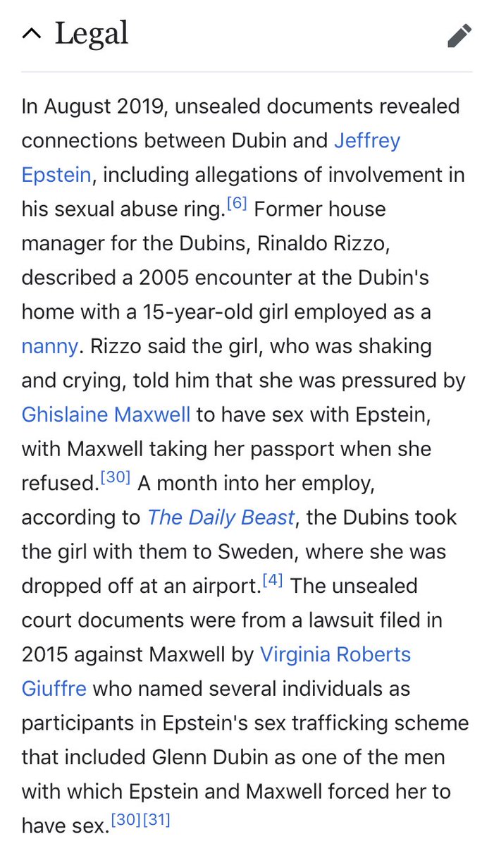 115/ GLENN DUBINHedge FundsUnsealed documents w testimony by the incredible V Giuffre showed DUBIN to be 1 of the people [JE] & [GM] forced upon herHouse Manager also said a 15 yo Swedish nanny was also targeted$800k donated toBOHRCSchumerMittensHe’s still free