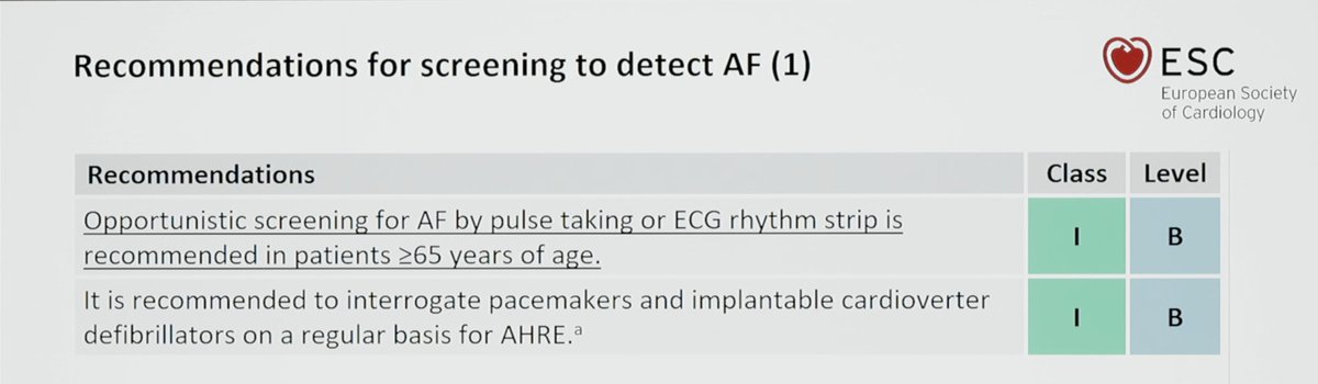 DrMarthaGulati's tweet photo. #AfibGuidelines #ESCCongress
♥️Screening to detect Afib should be opprotunituc in those >/=65 (Class 1)
♥️Interrogate devices for #AFib (Class 1)
♥️Dx of Afib by 12-lead ECG & by 30sec single lead tracing https://t.co/QdL3Xz0bFQ