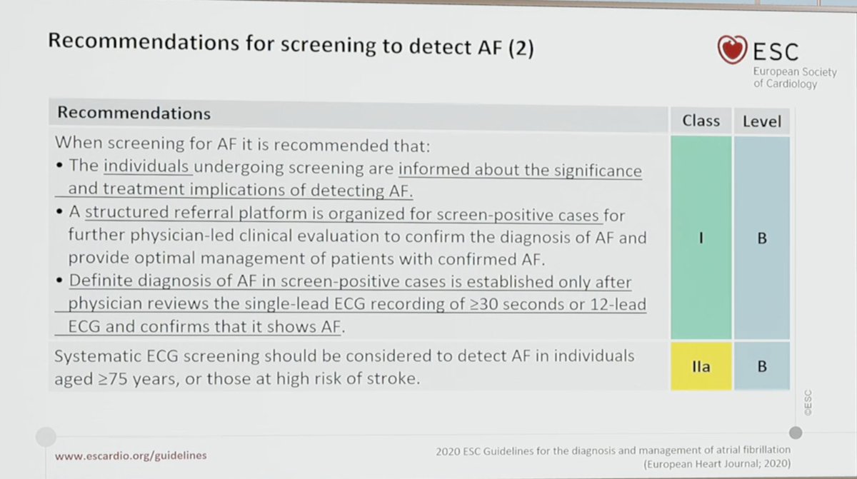 DrMarthaGulati's tweet photo. #AfibGuidelines #ESCCongress
♥️Screening to detect Afib should be opprotunituc in those >/=65 (Class 1)
♥️Interrogate devices for #AFib (Class 1)
♥️Dx of Afib by 12-lead ECG & by 30sec single lead tracing https://t.co/QdL3Xz0bFQ