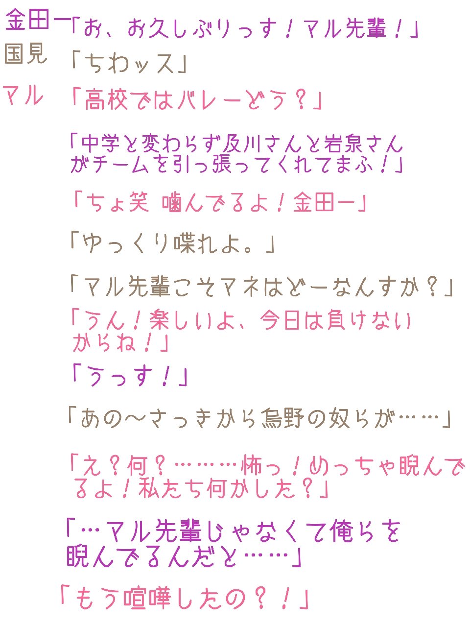 マル 烏野2年マネ と青城チーム 本誌では国見じゃないけど私都合で変えました マルは及川さんの妹なので可愛い 優しいのでかなり モテます いいな 笑 819プラス Hqプラス 夢小説 T Co C5eppf7v4v Twitter