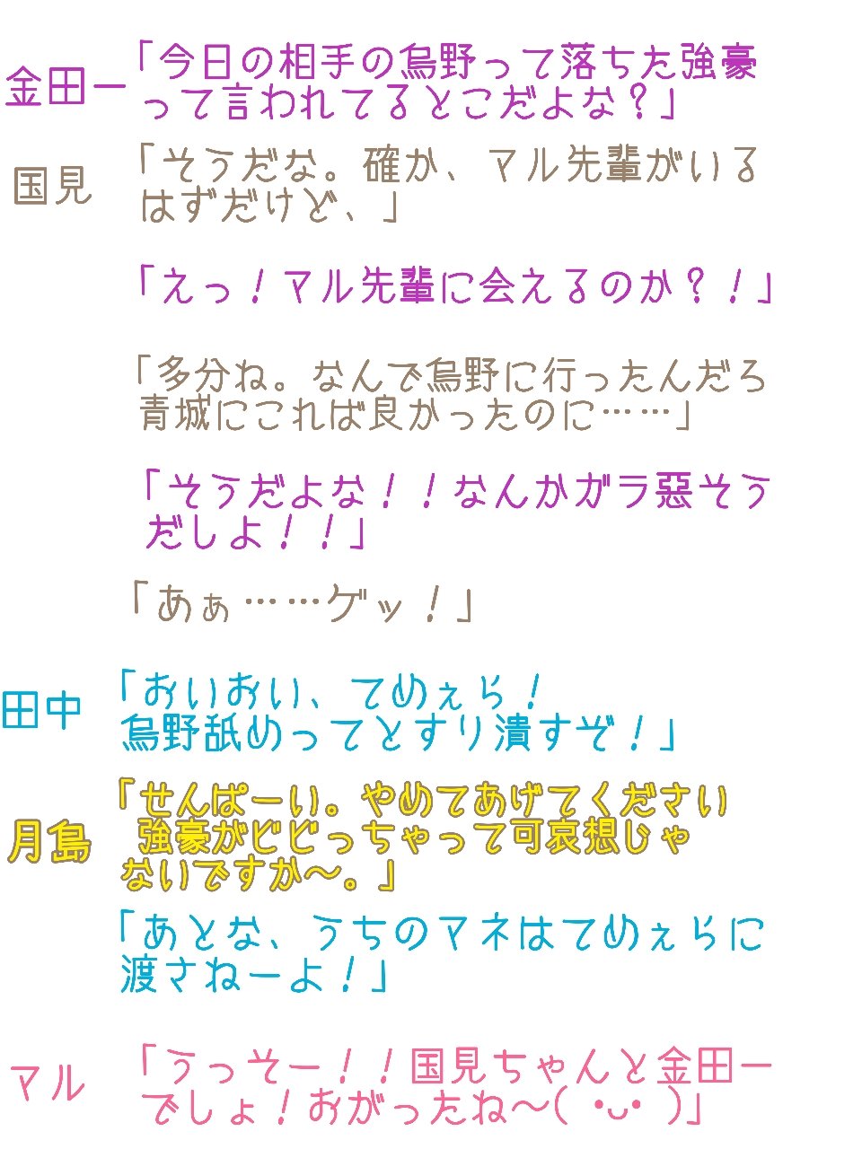 マル 烏野2年マネ と青城チーム 本誌では国見じゃないけど私都合で変えました マルは及川さんの妹なので可愛い 優しいのでかなり モテます いいな 笑 819プラス Hqプラス 夢小説