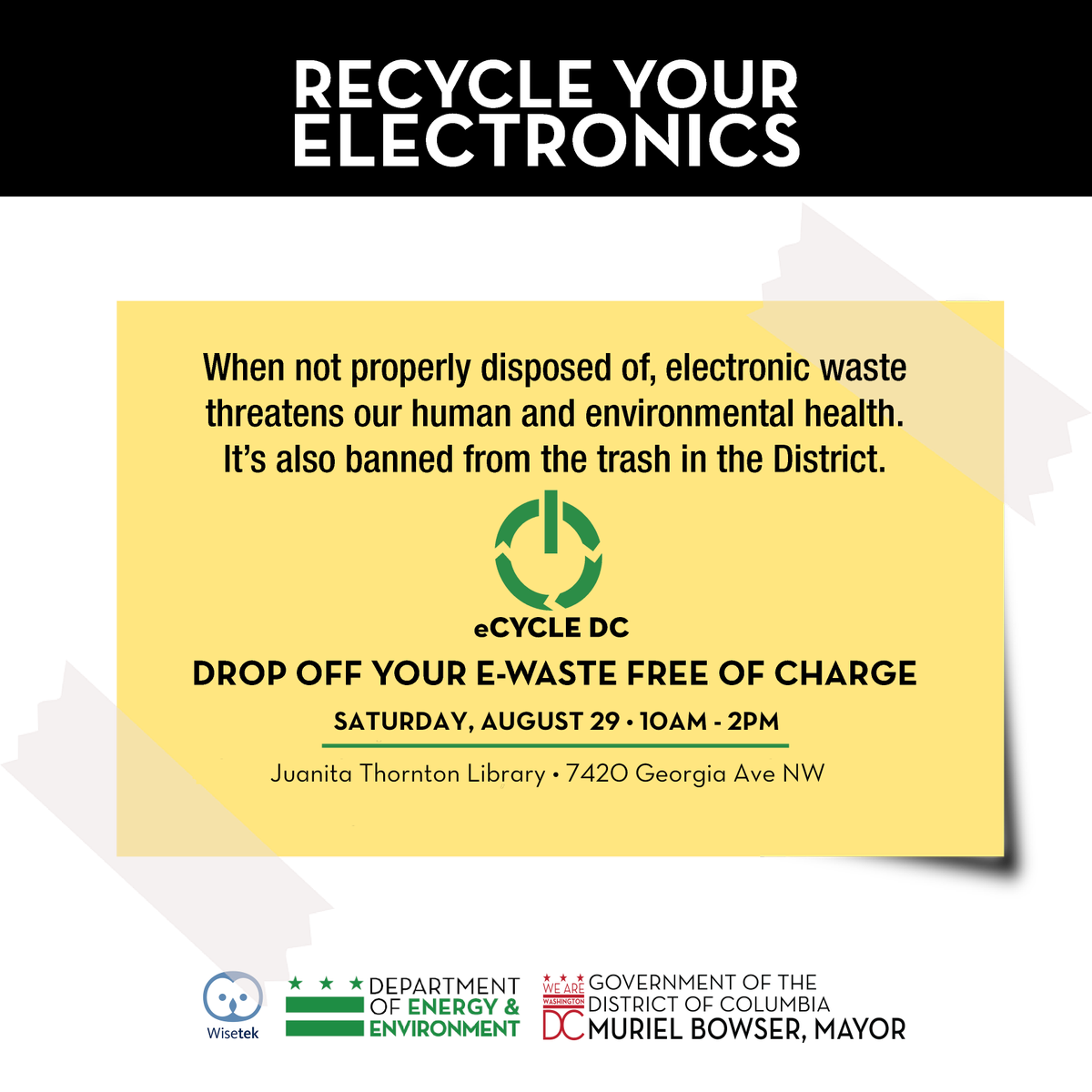 dczerowaste's tweet photo. Drop off your e-waste with @Wisetek this Saturday and Sunday from 10am-2pm at select @DCDPR and @dcpl locations at no cost to you.
Want more info about #eCycleDC, acceptable items and future community dates? ♻Green heart Visit us online➡ https://t.co/iDEnRsotBZ https://t.co/Du92UwvQvX