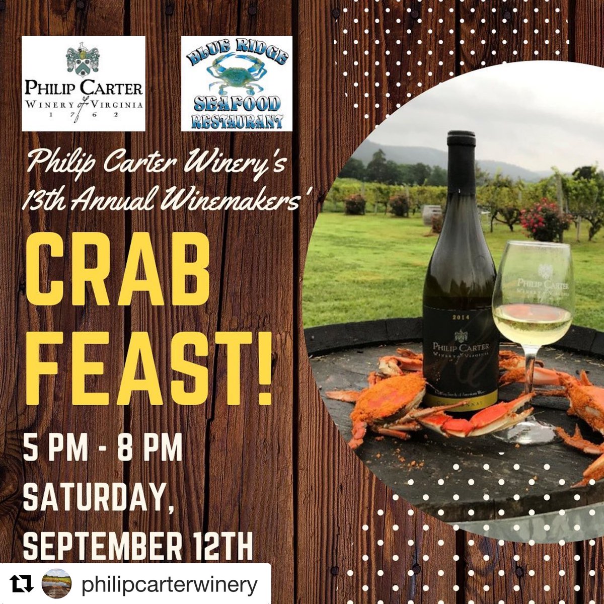 Join us Saturday, September 12th @philipcarterwinery for their 13th Annual Winemakers' Crab Feast!  Go to Shop.PCWinery.com to get your tickets now and enjoy local blue crabs and Virginia wine! 🦀🍷

#vawineevents #philipcarterwinery #fauquierwine #blueridgeseafood