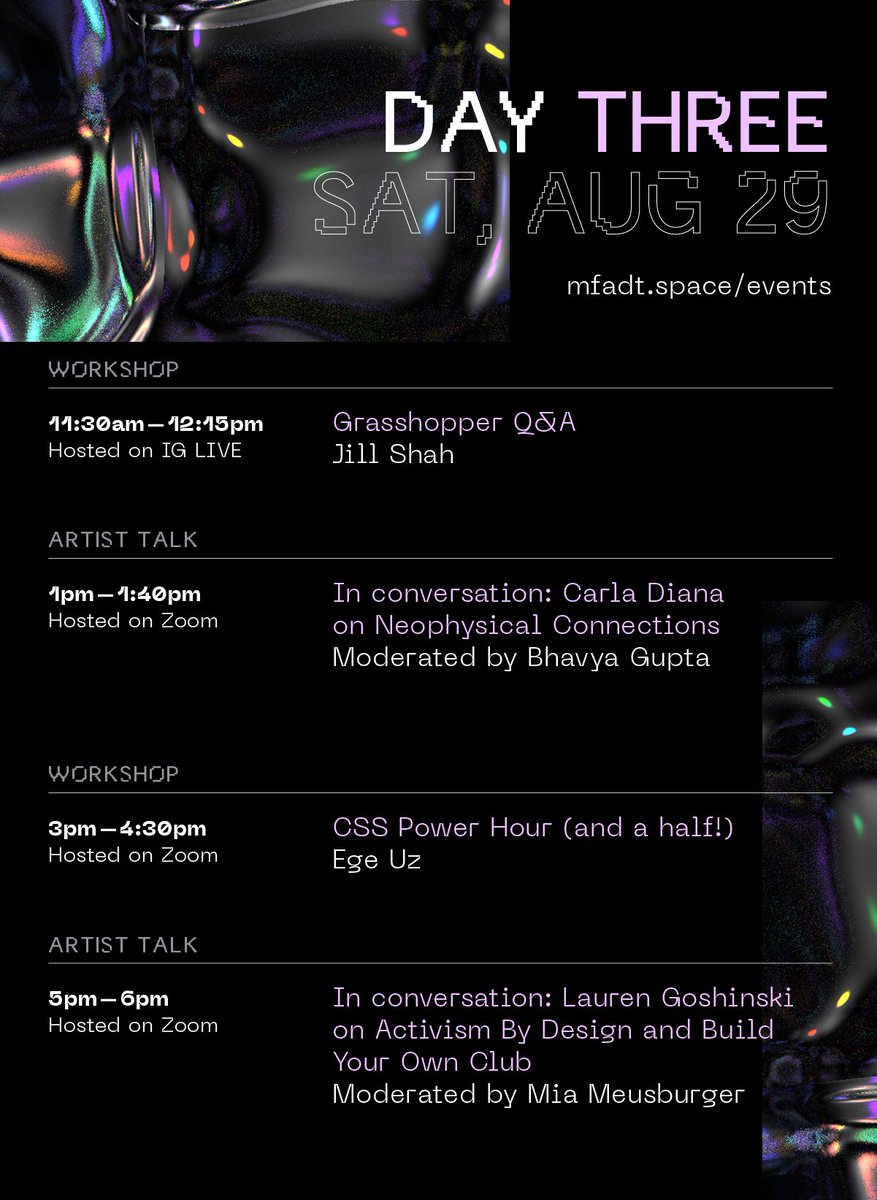 Today is the final day of TELEPRESENCE. Here's the artist talks + workshop line up we have for you: mfadt.space/events