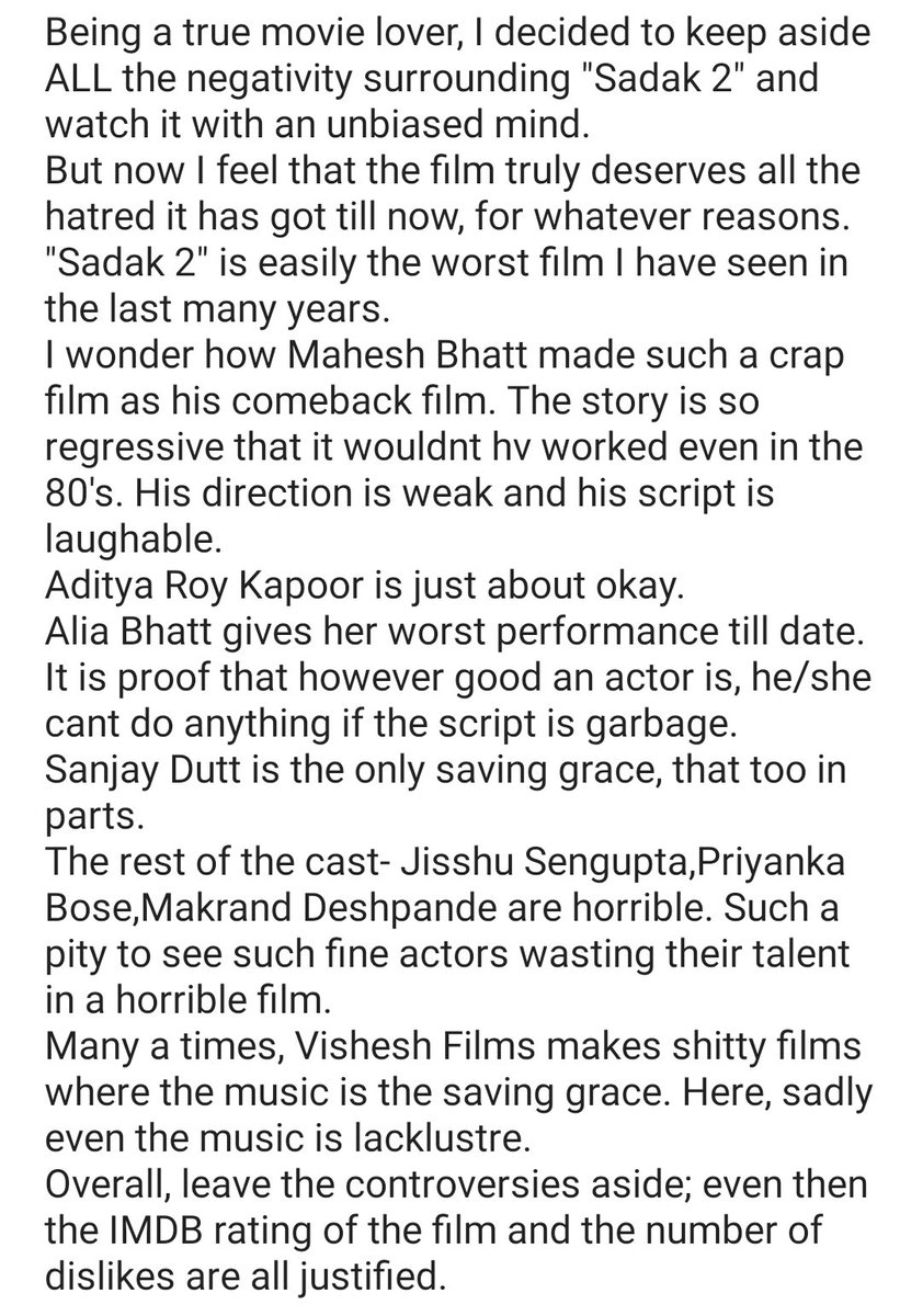 117. SADAK 2 @DisneyPlusHSI tried hard to like it. But  #Sadak2 is easily the worst film of this decade.My review: