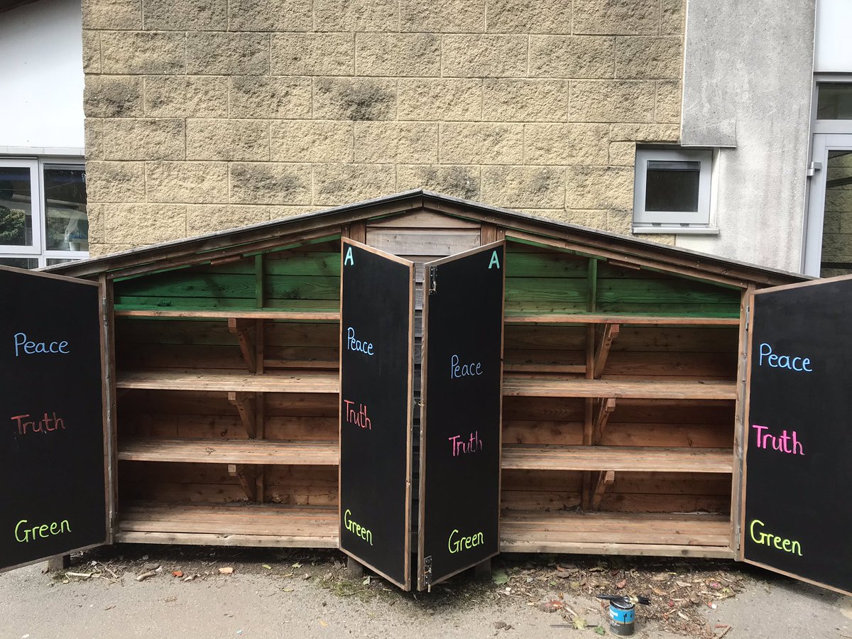 Blue_Coat_Play's tweet photo. New class names means updating the welly sheds! Freshly painted and ready for your wellies next week! @BlueCoatPrimary #opalschools @OPAL_CIC https://t.co/tmet9SHxHl