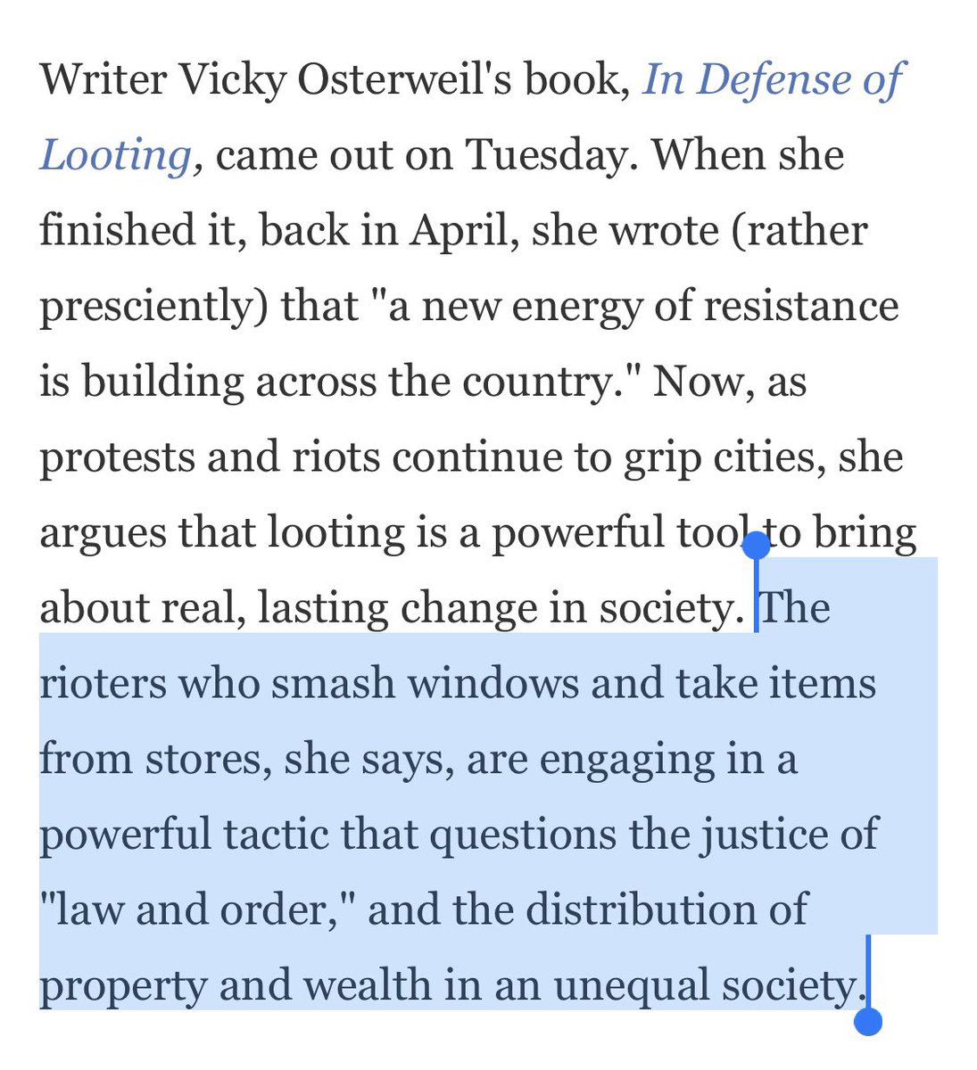 Oh, I'm not fucking finished. I'm going all-in on this shit.Rioters are "questioning law and order?" Are children also just questioning authority when they throw tantrums? And theft is just "even distribution?" That's one logical step away from "pillage mansions."