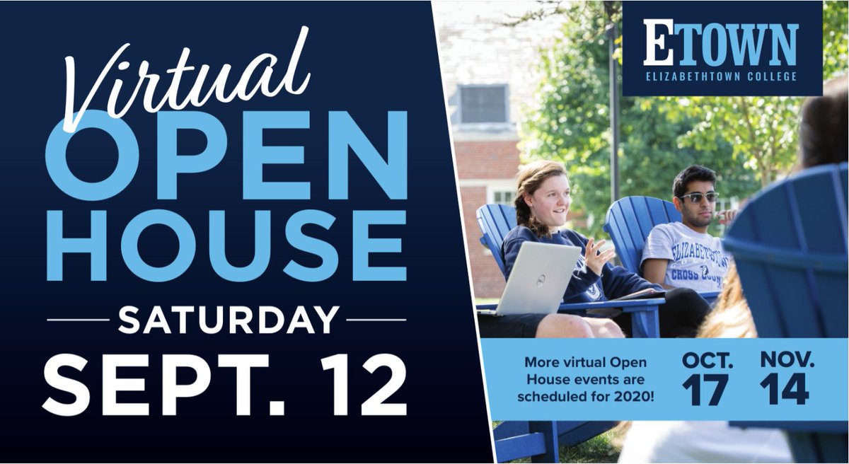 EtownCollege's tweet photo. Has your #collegesearch begun? Etown has a full slate of virtual Open House events this fall! Through these online events, you will meet our faculty, hear from our students, and find out how you can start living your best life at Etown!
Register now at https://t.co/e2ENyJ8Zoy. https://t.co/JWR8Amlvzv