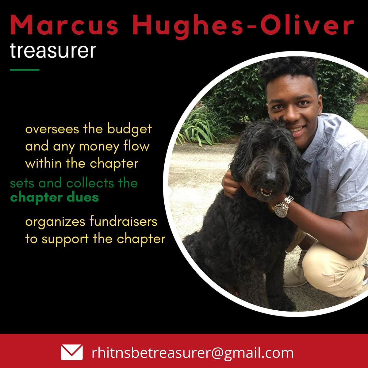 Our new treasurer is Marcus Hughes-Oliver!!

Marcus is a junior Computer Engineering major with a minor in Robotics.

Marcus is also a member of the track and field team! And look how cute his dog is!!