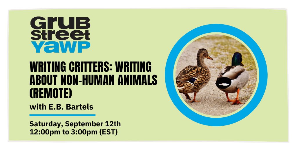 YOUNG ADULT WRITERS PROGRAM (YAWP): WRITING CRITTERS: WRITING ABOUT NON-HUMAN ANIMALS (REMOTE) on Saturday 9/12, 12pm-3pm, FREE for writers ages 13-18 years old:  https://grubstreet.org/findaclass/class/young-adult-writers-program-yawp-writing-critters-writing-about-non-human-animals-remote/  @GrubWriters
