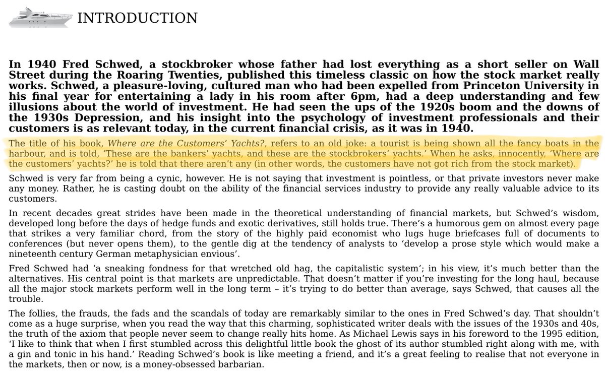 26/I also like Fred Schwed's short book, "Where are the Customers' Yachts?" -- a reminder that Wall Street firms have always made money from fees, and that individual investors would do well to steer clear of such high-fee offerings. https://www.amazon.com/Where-Are-Customers-Yachts-Street/dp/0471770892