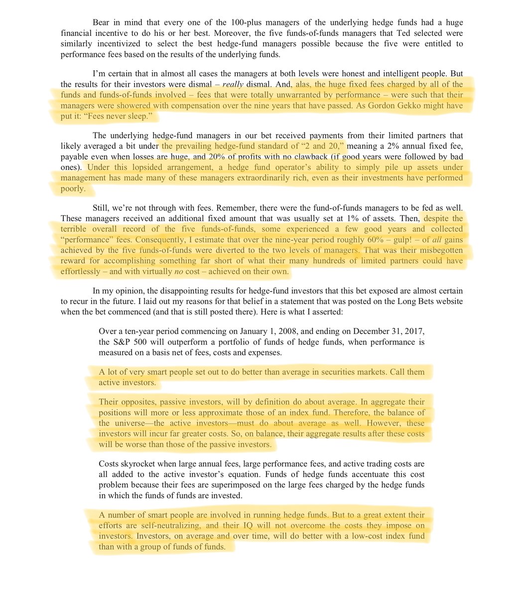 27/There's also Buffett's famous 10-year "passive vs active" bet against  @tseides.Note this: Buffett, the world's most famous active investor, called the bet for the *passive* option. And won the bet!Details from his 2016 letter: https://www.berkshirehathaway.com/letters/2016ltr.pdf