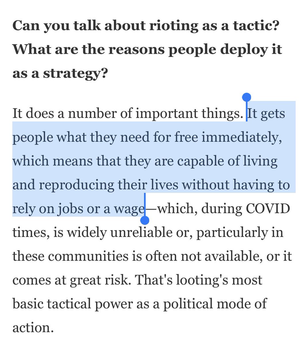 That's the fucking point of wages! The point of money! To give value to labor so you can exchange that for goods and services that are the product of others' labor!Why the hell haven't the millions of others who lost their jobs resorted to looting, if it's morally justified?