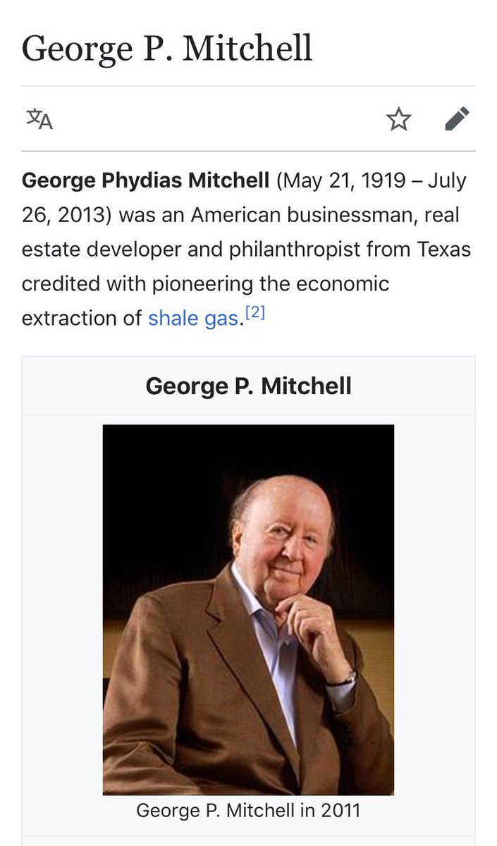 116/ GEORGE P. MITCHELLShale Gas PioneerPlays both sides; HRC is only Prez candidate I seeHussein took a shit on his shale work in early 2012, making it sound like GPM claimed it was all his find, vs picking up on where Feds left offProb why he gave to only R in 2012