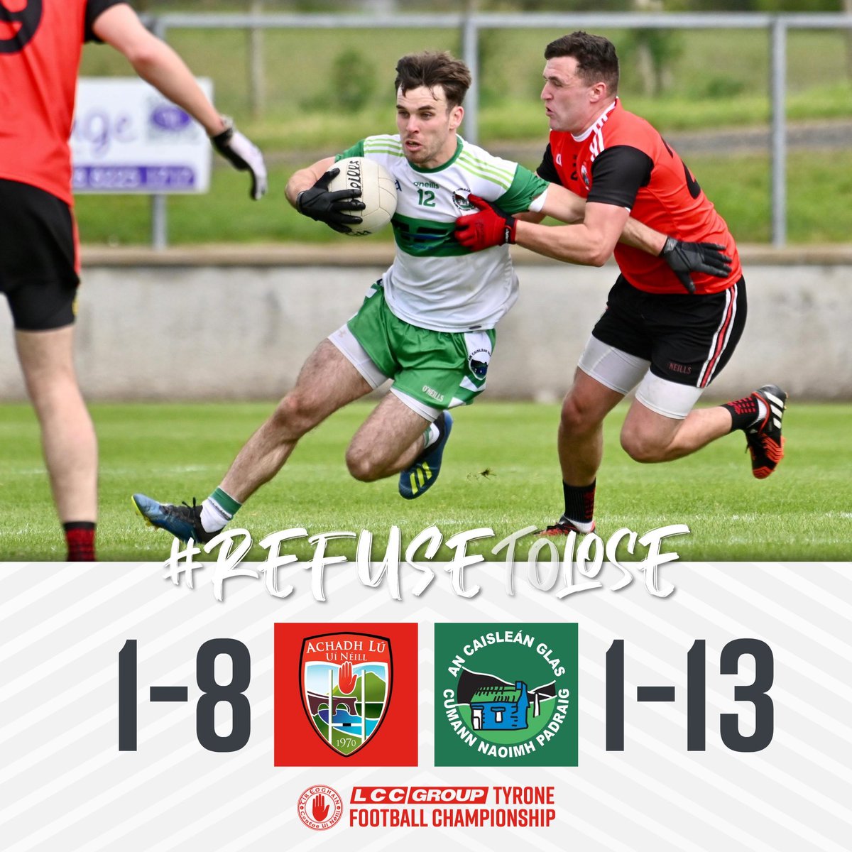 greencastleGAA's tweet photo. FT: @TyroneGAALive An Caisleán Glas 1-13 Aghaloo 1-8

GC scores:
Peter Teague 0-4
Cahir McCullagh 0-3
Mark Carson 0-3
Ryan Gumley 1-0
Patrick McElhatton 0-1
Barry McGarvey 0-1
Sean Fox 0-1

We wish @AghalooOfficial players Stephen Donnelly &amp; Ruari McGlone a speedy recovery. https://t.co/ecBnOTvF0P