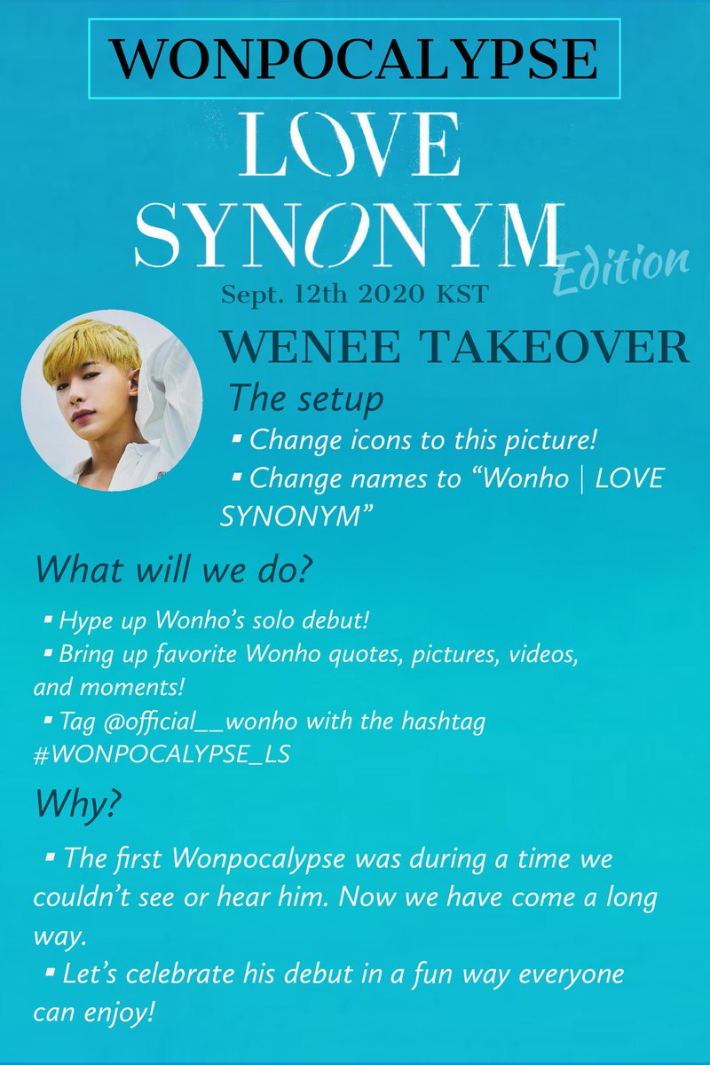 ohhohannie's tweet photo. ‼️‼ #/WONPOCALYPSE_LS ‼‼️
💙 LOVE SYNONYM EDITION 💙 

[RT - DATE CHANGE]

#WENEE! On‼️SEPT 12th KST‼️ let's change our profile pics to #WONHO's 1st concept image (in thread) &amp; our names to "WONHO | LOVE SYNONYM" to celebrate &amp; promote #Love_Synonym!

#Right_for_Me #WOLO

🔽 https://t.co/FVbkzHHOS4